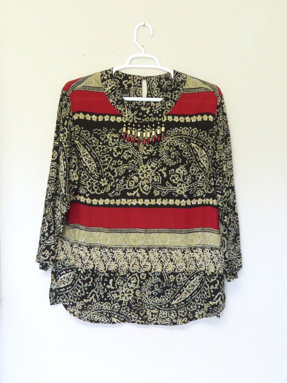 Carole Little red black tan glass beaded trim bohemian tunic top size 14